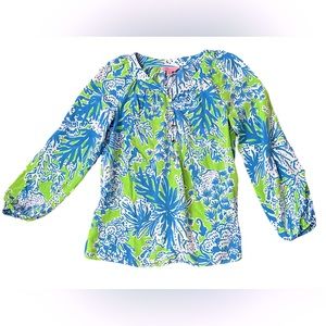 LILLY PULITZER CAMILLE TOP LIMEADE BIGGEST FAN BLUE GREEN WHITE XS EXTRA SMALL